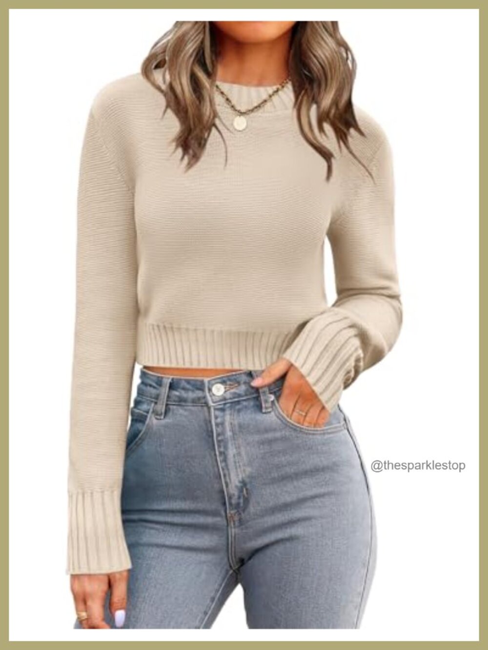 Cropped Crewneck Pullover Sweater Long Sleeve Knit Ribbed Cuffs
